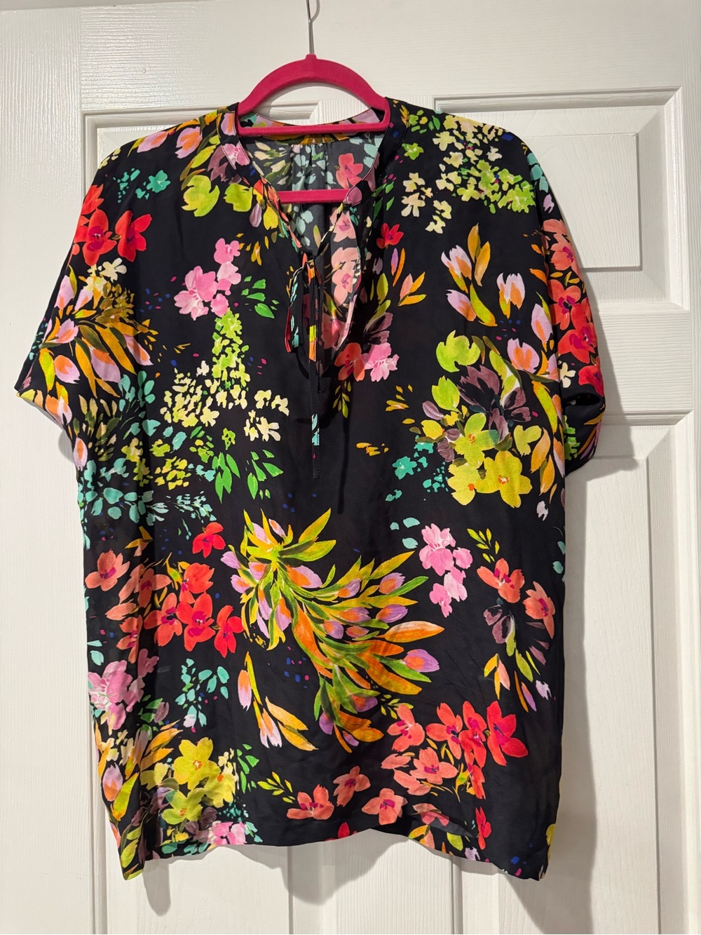 Floral V-Neck Short Sleeve Top - Black with Multicolor Print